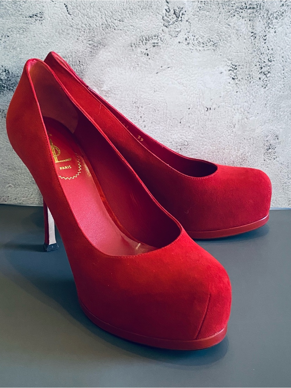 Yves Saint Laurent Tribtoo 80 Platform Heels in Poppy Kid Scamosciato Suede